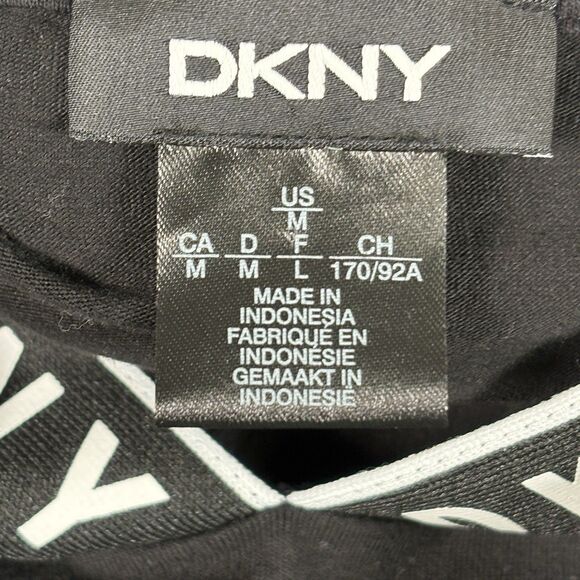 DKNY Athleisure Black Hooded Logo A Line Dress Sz Med Stretch Knit Short Sleeve - Picture 9 of 11